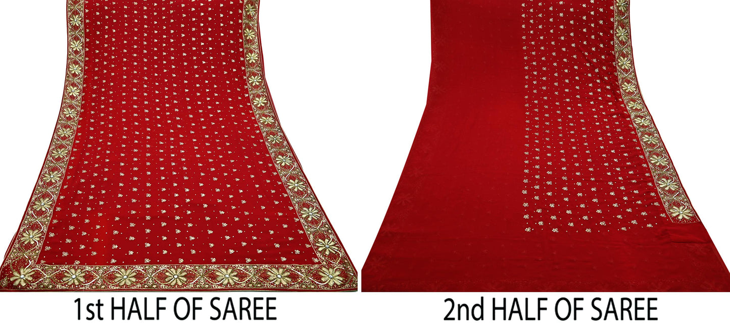 Indian Vintage Heavy Sari Red Pure Georgette Silk Hand Embroidered Sarees Craft Fabric 5Yd Sewing Ethnic Zardozi/dabka zari Wedding sarees