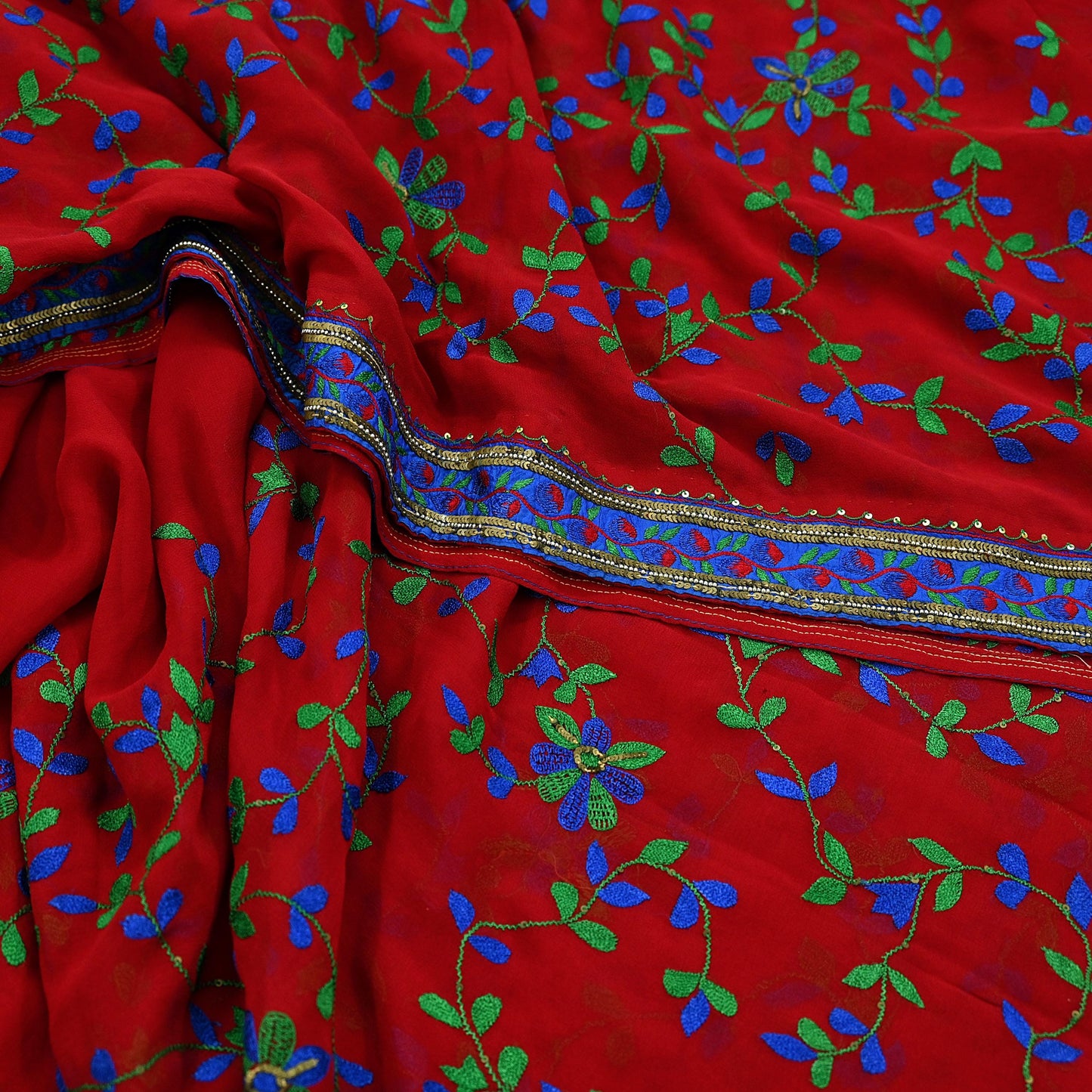 Indian Vintage Heavy Sarees Red Pure Georgette Silk Hand Embroidered Sari Fabric 6Yd Sewing Ethnic Sequins Wedding sarees