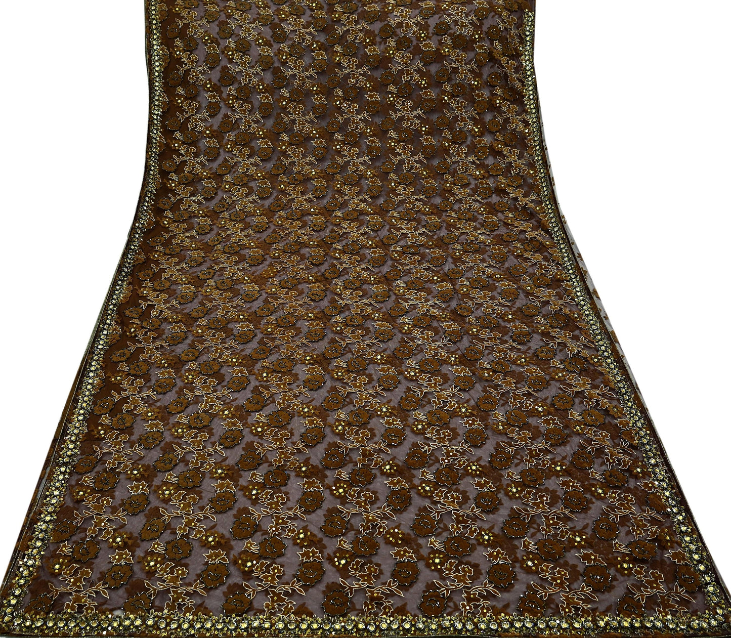 Indian Vintage Heavy Coffee Brown Saree Net/Mesh Hand Beaded Sari Fabric 5Yd Sewing Soft Ethnic Zari Wedding Bollywood Sarees