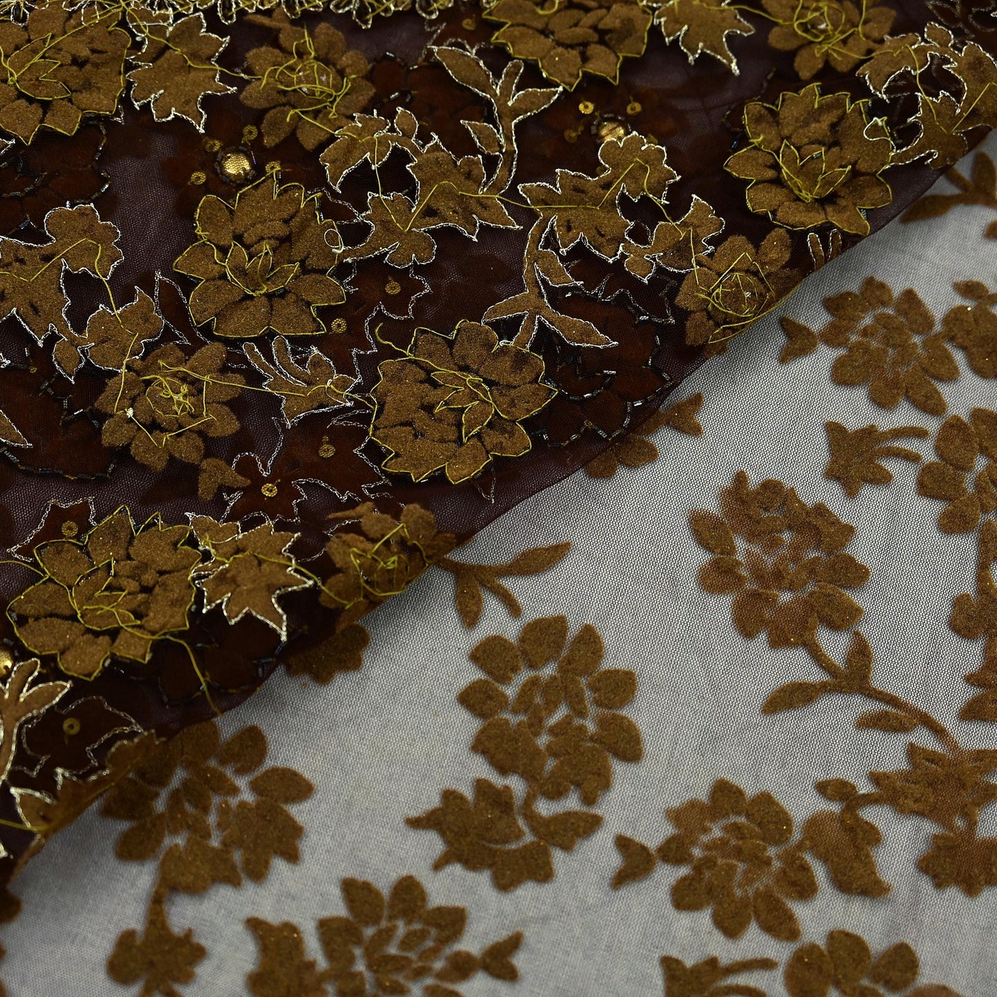 Indian Vintage Heavy Coffee Brown Saree Net/Mesh Hand Beaded Sari Fabric 5Yd Sewing Soft Ethnic Zari Wedding Bollywood Sarees