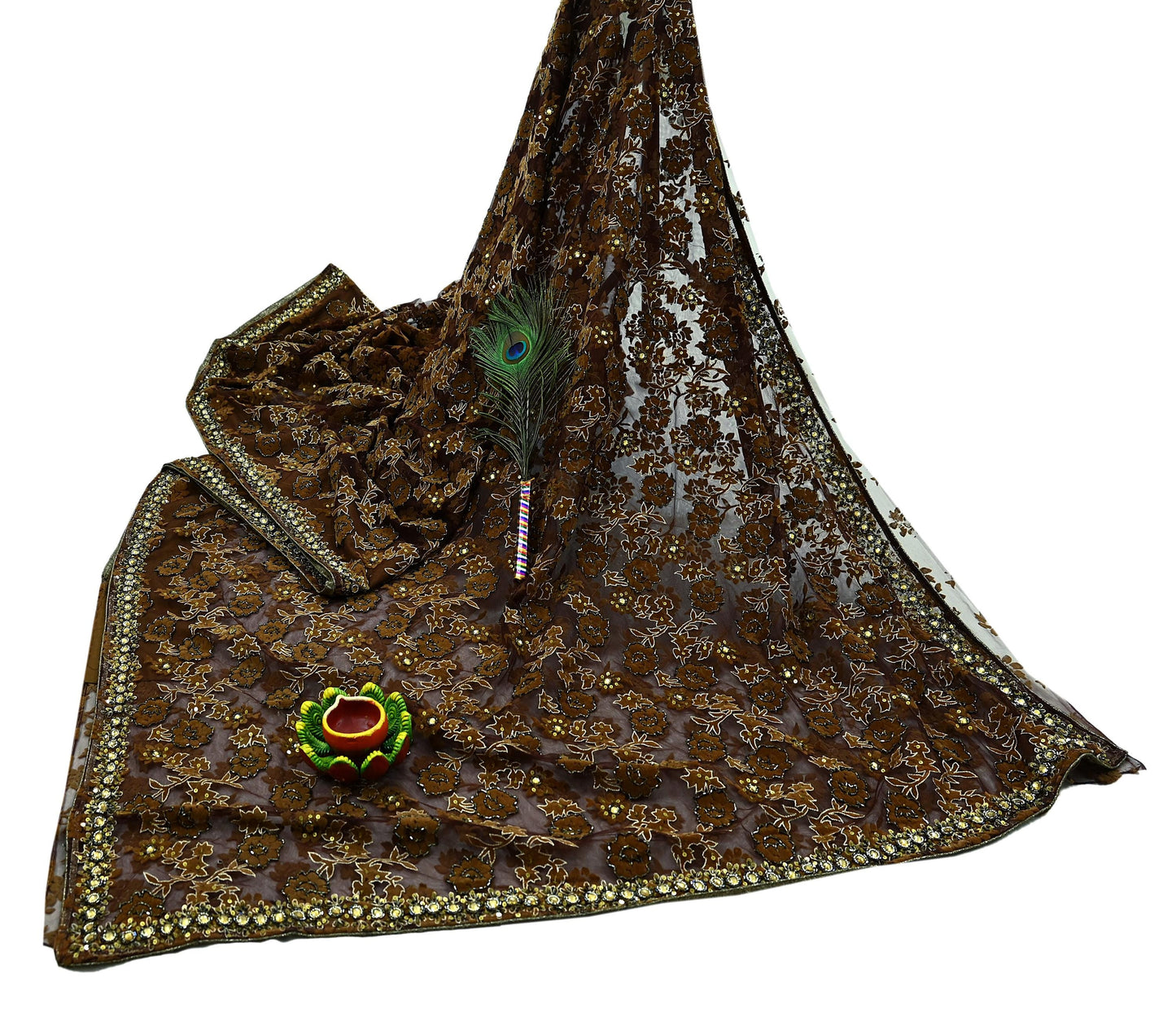 Indian Vintage Heavy Coffee Brown Saree Net/Mesh Hand Beaded Sari Fabric 5Yd Sewing Soft Ethnic Zari Wedding Bollywood Sarees