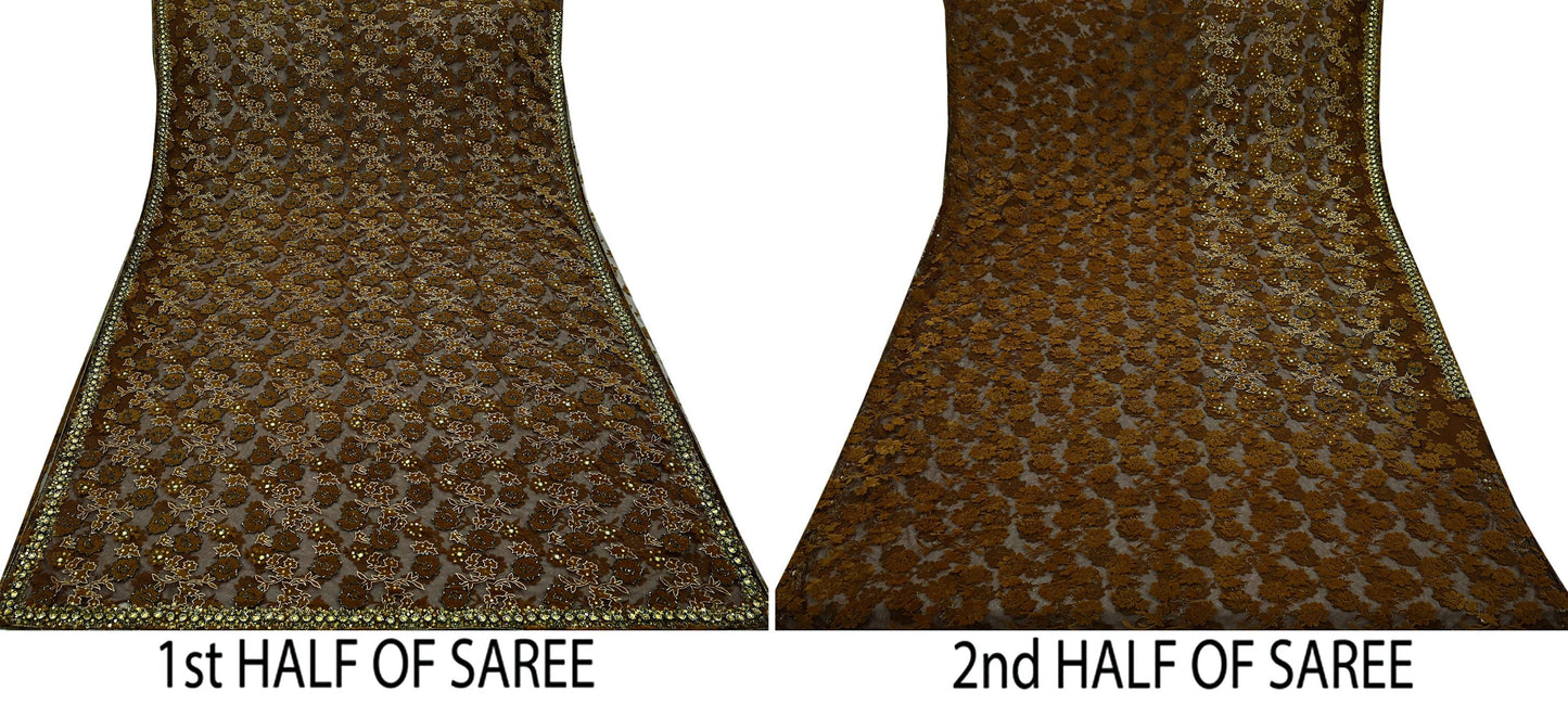 Indian Vintage Heavy Coffee Brown Saree Net/Mesh Hand Beaded Sari Fabric 5Yd Sewing Soft Ethnic Zari Wedding Bollywood Sarees