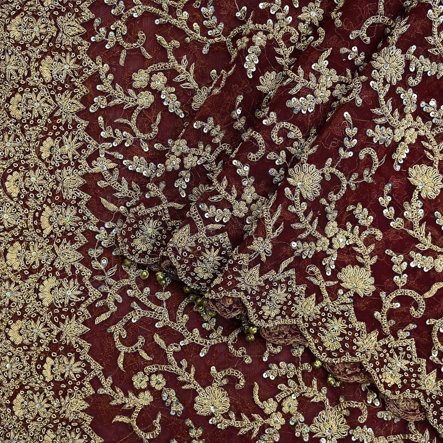 Indian Vintage Heavy Wedding Maroon Dupatta Net Mesh Long Stole Hand Embroidered Scarves Golden Zardozi Zari Sequins Dridal Veil Hijab