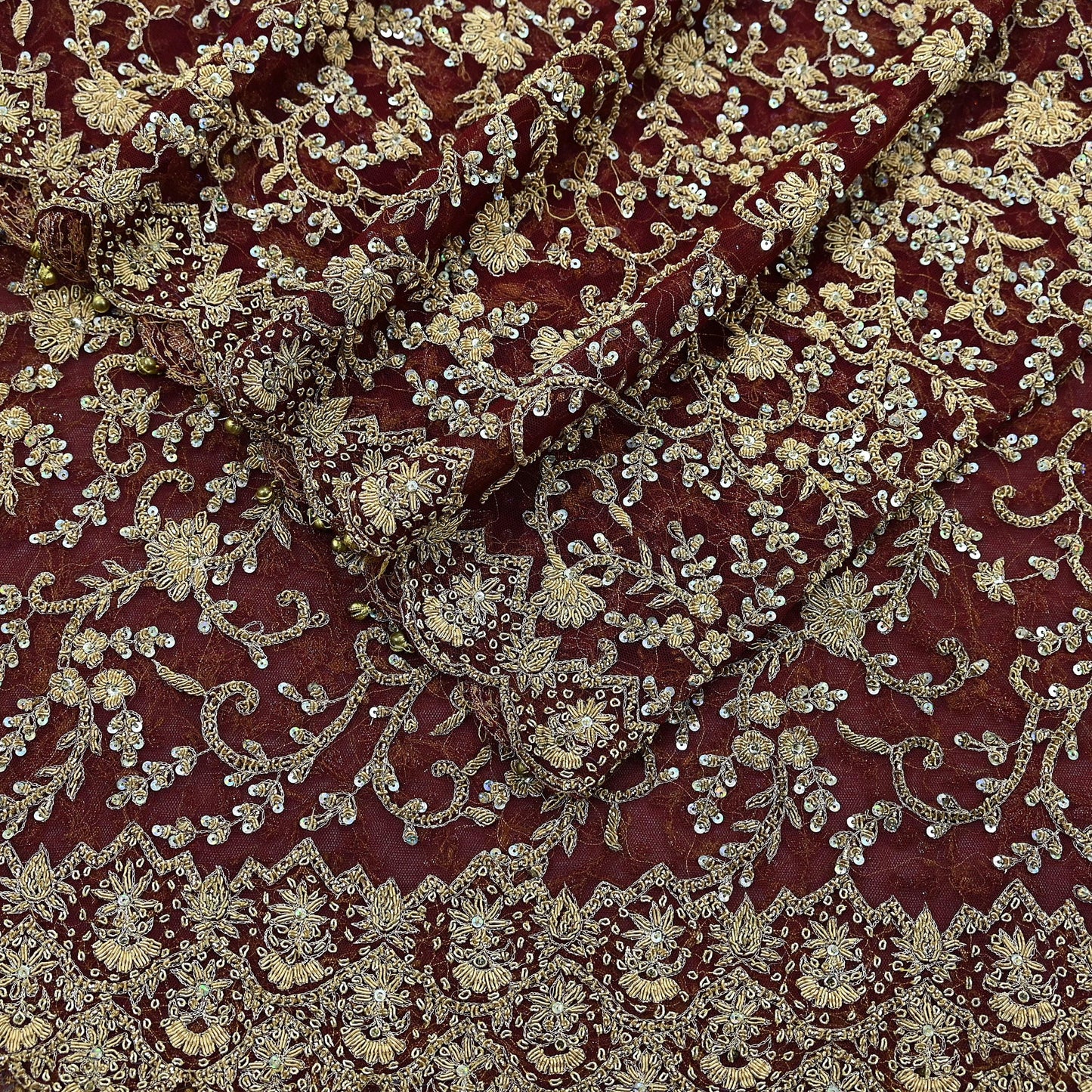 Indian Vintage Heavy Wedding Maroon Dupatta Net Mesh Long Stole Hand Embroidered Scarves Golden Zardozi Zari Sequins Dridal Veil Hijab