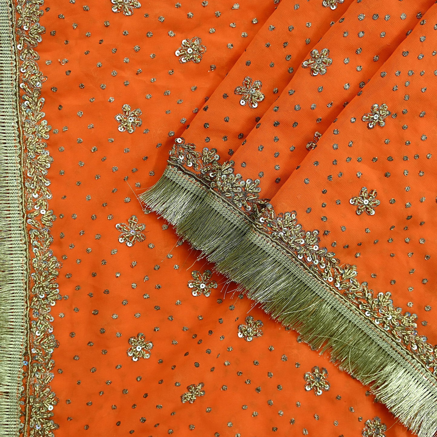 Indian Vintage Heavy Orange Dupatta Pure Georgette Silk Long Stole Hand Embroidered Scarf Zari Zardozi Wedding/ Bridal Veil Hijab