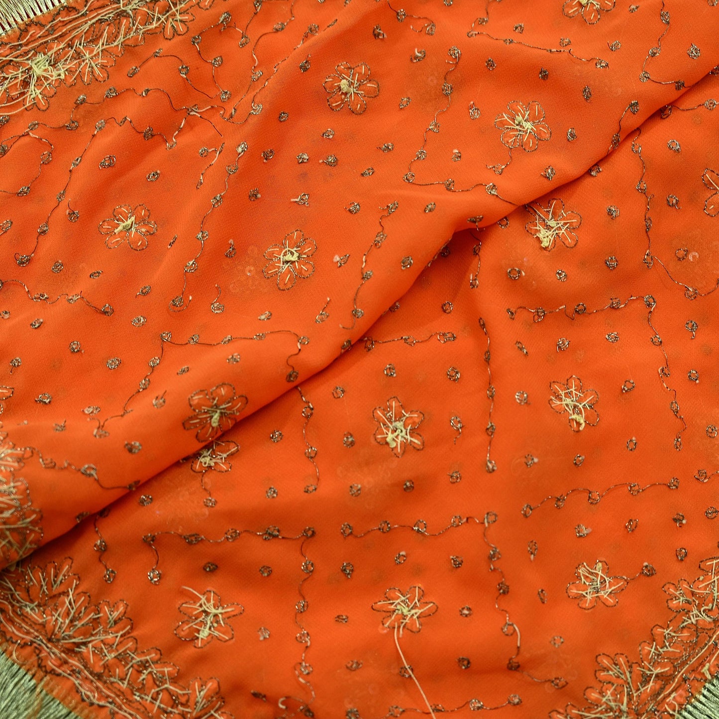 Indian Vintage Heavy Orange Dupatta Pure Georgette Silk Long Stole Hand Embroidered Scarf Zari Zardozi Wedding/ Bridal Veil Hijab
