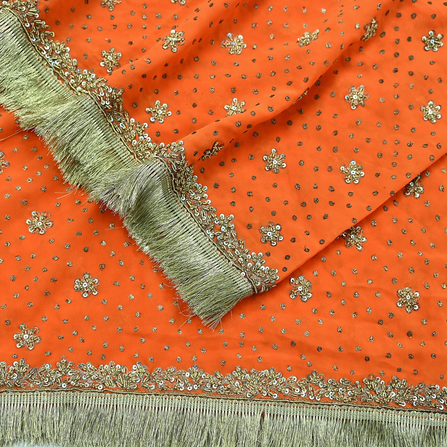 Indian Vintage Heavy Orange Dupatta Pure Georgette Silk Long Stole Hand Embroidered Scarf Zari Zardozi Wedding/ Bridal Veil Hijab