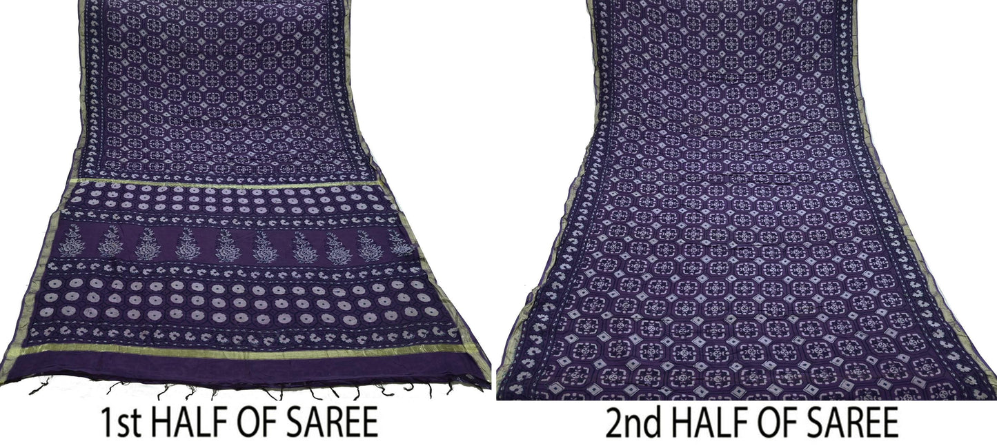 Indian Vintage Sari Purple Pure chanderi Silk Bagru Printed Saree 5Yd Fabric Floral Soft Zari Border Ethnic Upcycle Crafting Dress making