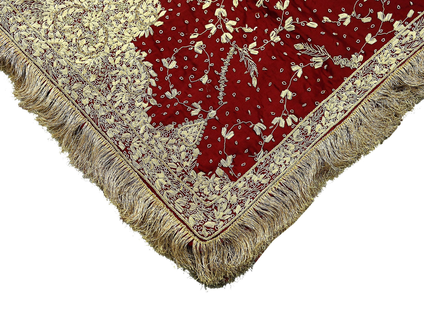 Indian Vintage Heavy Wedding Maroon Dupatta Pure Satin Silk Long Stole Hand Embroidered Scarves Golden Zardozi Stole Fringes Bridal veil