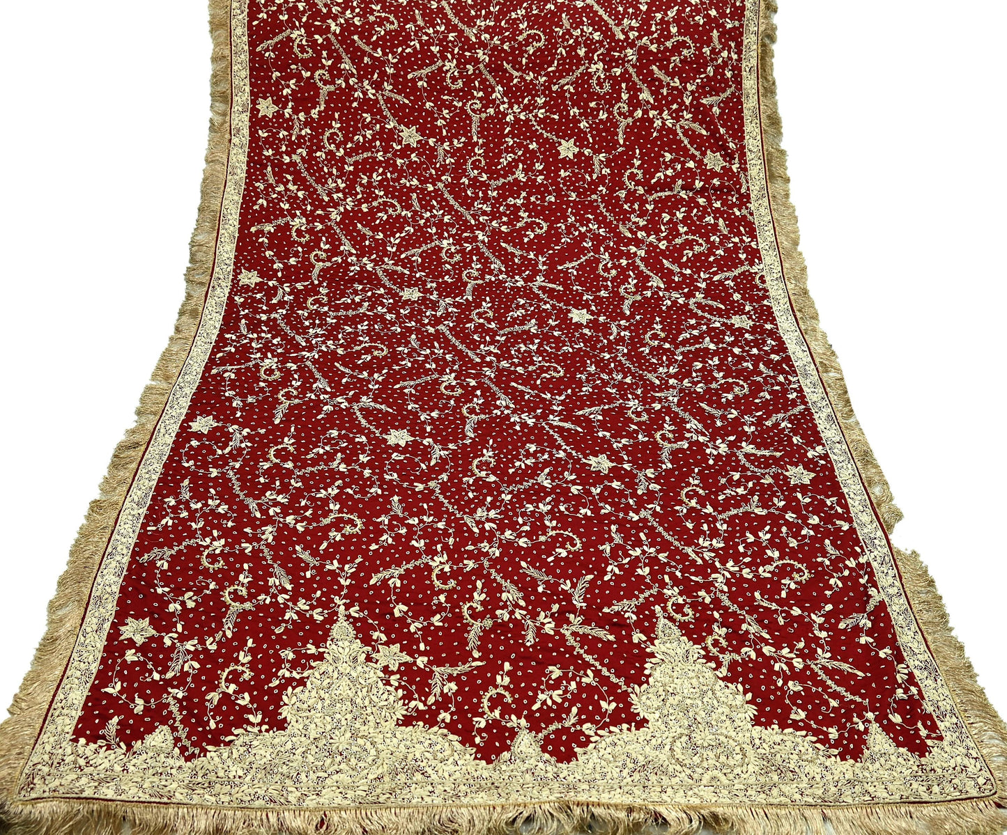 Indian Vintage Heavy Wedding Maroon Dupatta Pure Satin Silk Long Stole Hand Embroidered Scarves Golden Zardozi Stole Fringes Bridal veil
