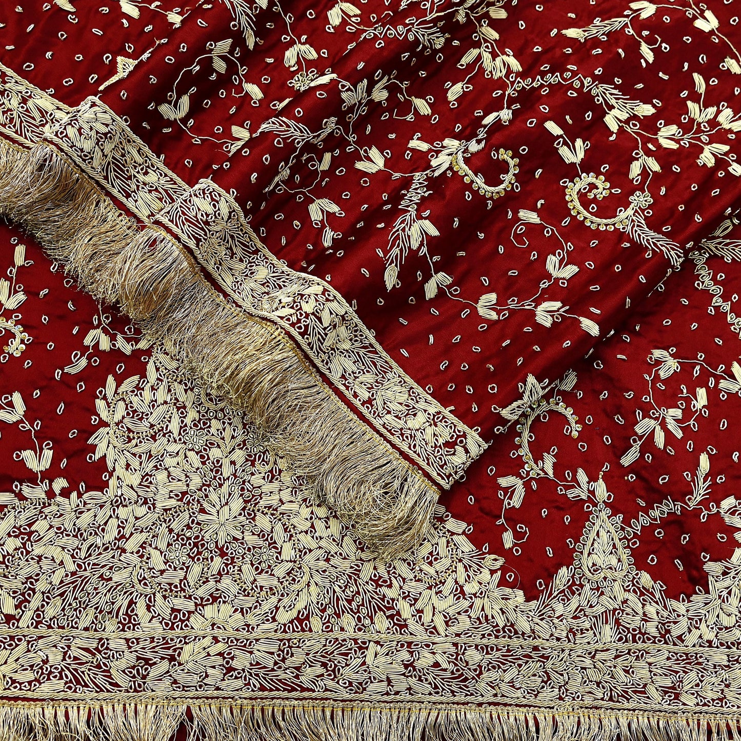 Indian Vintage Heavy Wedding Maroon Dupatta Pure Satin Silk Long Stole Hand Embroidered Scarves Golden Zardozi Stole Fringes Bridal veil