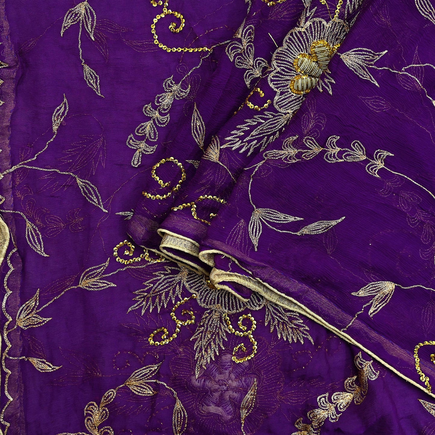 Indian Vintage Heavy Purple Dupatta Pure Chiffon silk Long Stole Hand Embroidered Scarves Floral Design Stole Veil Wrap Zari Zardozi