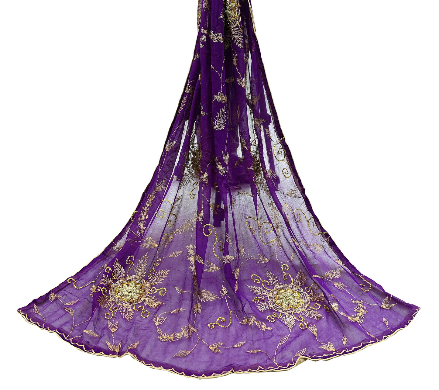 Indian Vintage Heavy Purple Dupatta Pure Chiffon silk Long Stole Hand Embroidered Scarves Floral Design Stole Veil Wrap Zari Zardozi
