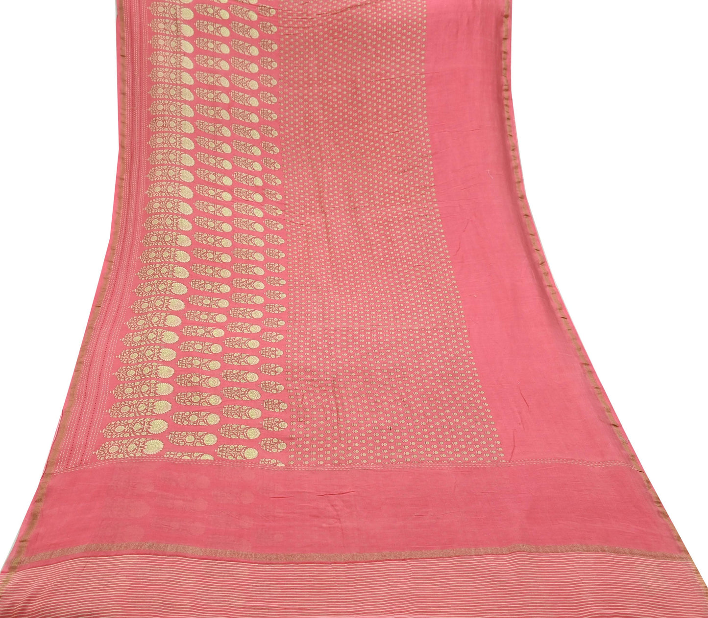 Indian Vintage Sari Peach Pure chanderi Silk Block Printed Sarees Craft Fabric 5Yd Zari Border Floral Dress making bollywood Fringes
