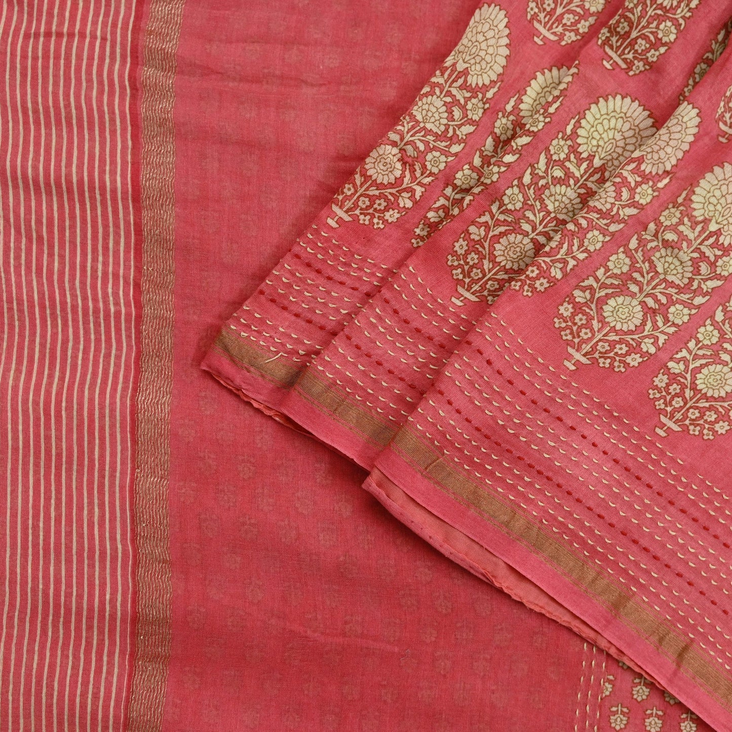 Indian Vintage Sari Peach Pure chanderi Silk Block Printed Sarees Craft Fabric 5Yd Zari Border Floral Dress making bollywood Fringes