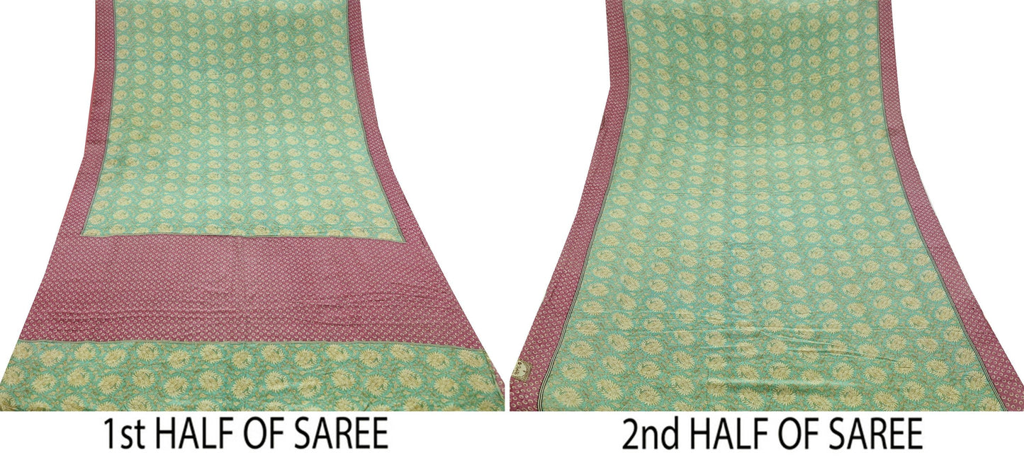 Indian Vintage Sari Green & Pink Pure Crepe Silk Printed Saree 5yd Sewing Floral Soft Craft Fabric Wrap Dress making Crafting Quilting
