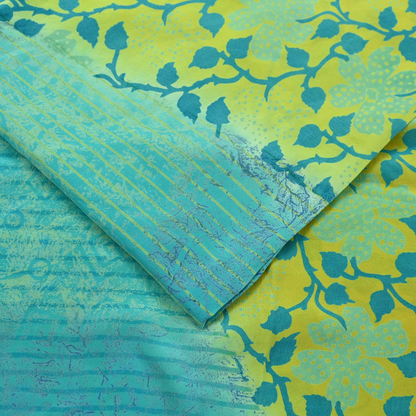 Indian Vintage Sari Lemon & Green Pure Crepe Silk Printed Saree 5yard Sewing Floral Soft Craft Fabric Wrap