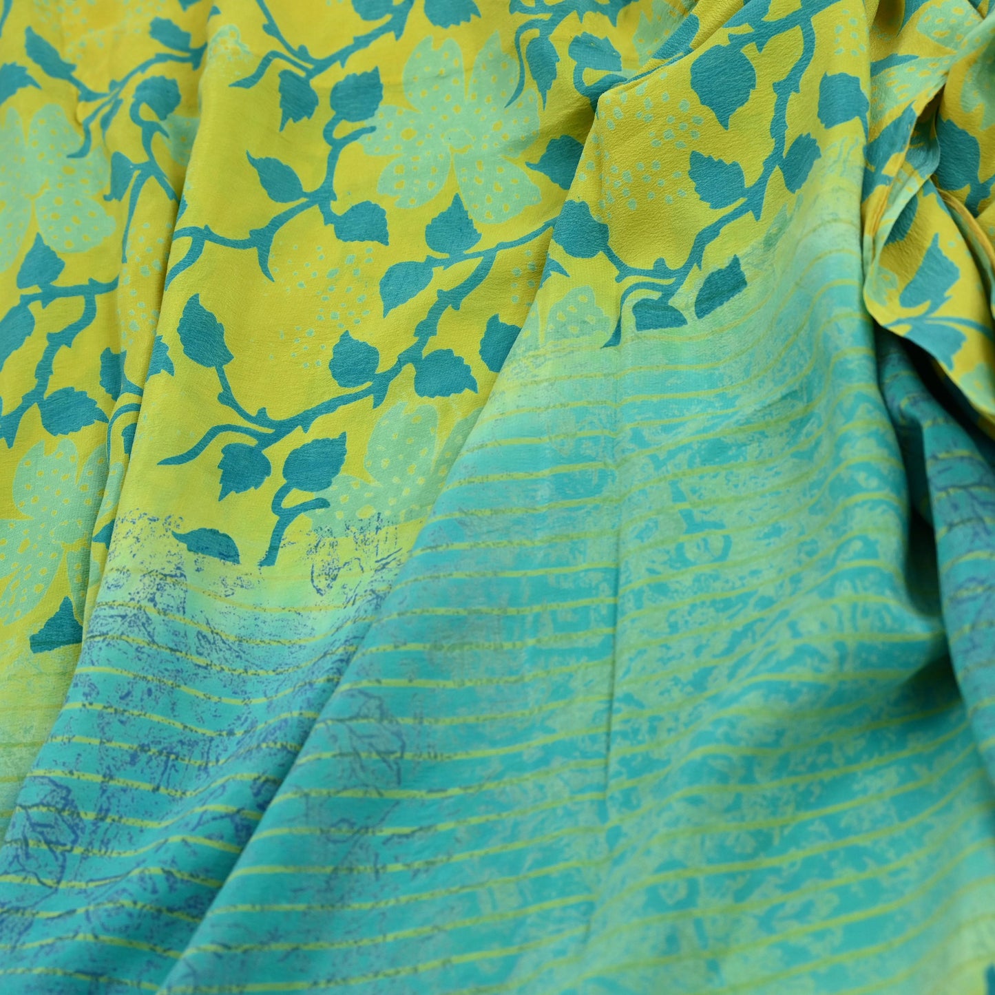 Indian Vintage Sari Lemon & Green Pure Crepe Silk Printed Saree 5yard Sewing Floral Soft Craft Fabric Wrap