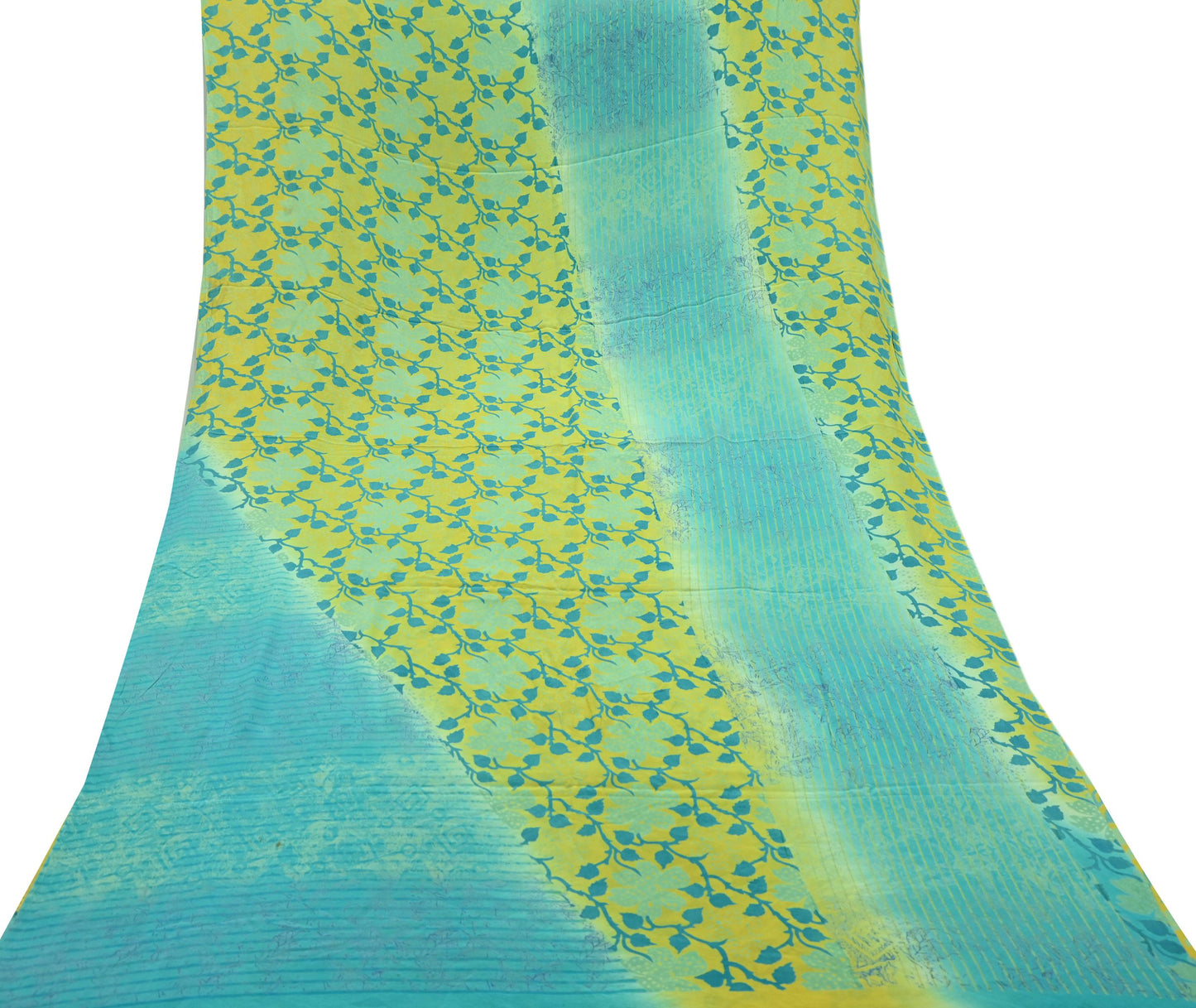 Indian Vintage Sari Lemon & Green Pure Crepe Silk Printed Saree 5yard Sewing Floral Soft Craft Fabric Wrap