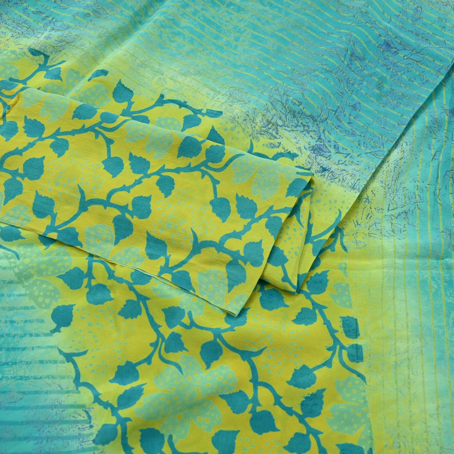 Indian Vintage Sari Lemon & Green Pure Crepe Silk Printed Saree 5yard Sewing Floral Soft Craft Fabric Wrap