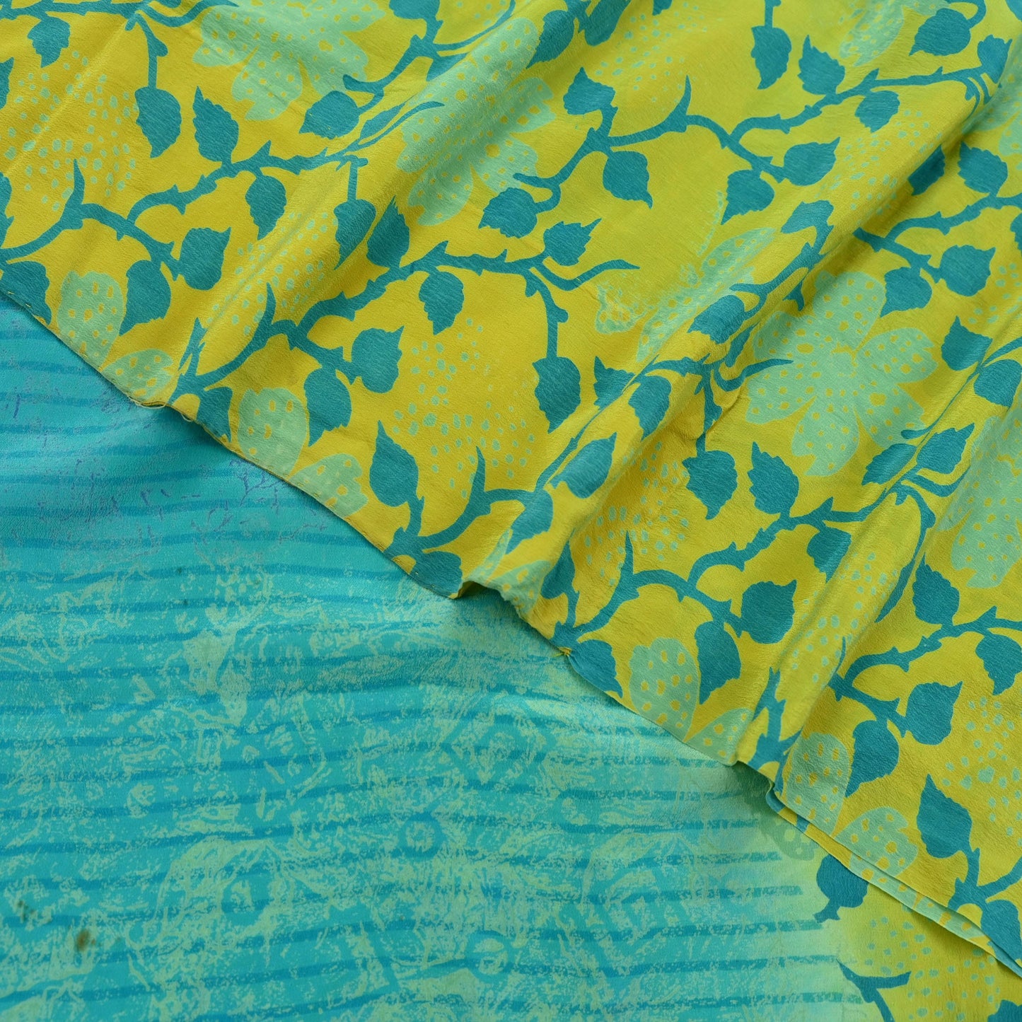 Indian Vintage Sari Lemon & Green Pure Crepe Silk Printed Saree 5yard Sewing Floral Soft Craft Fabric Wrap