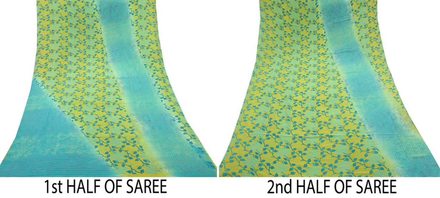 Indian Vintage Sari Lemon & Green Pure Crepe Silk Printed Saree 5yard Sewing Floral Soft Craft Fabric Wrap
