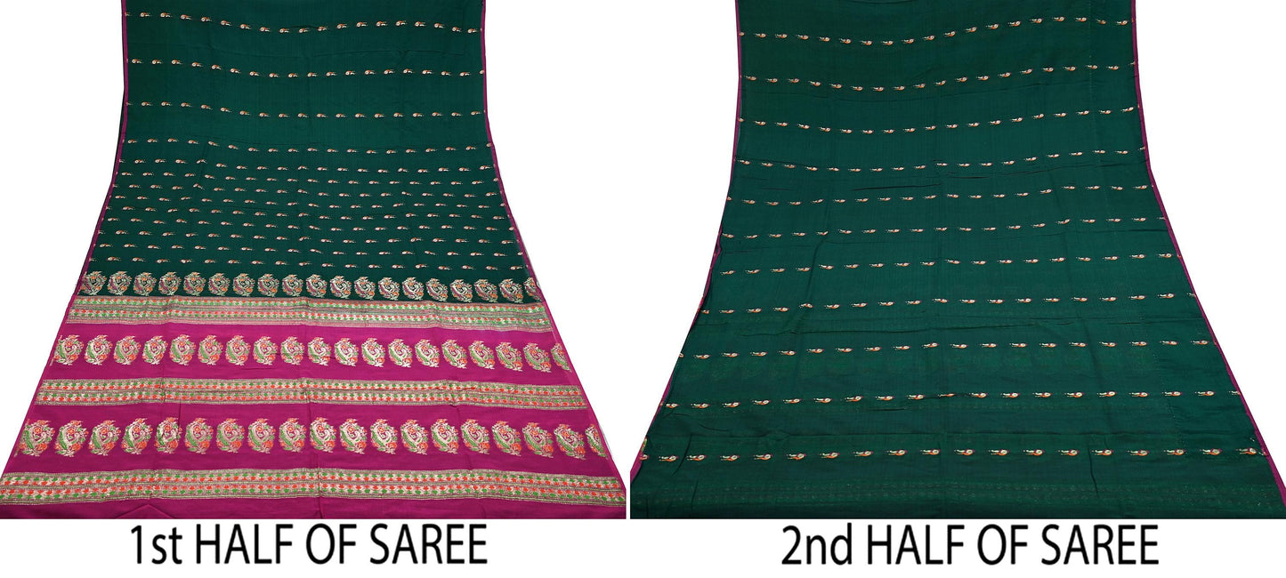 Indian Vintage Sari Green & Pink Hand Woven Sarees 100% Pure Silk Zari 5Yd Craft Fabric Sewing Dress making Quilting Crafting