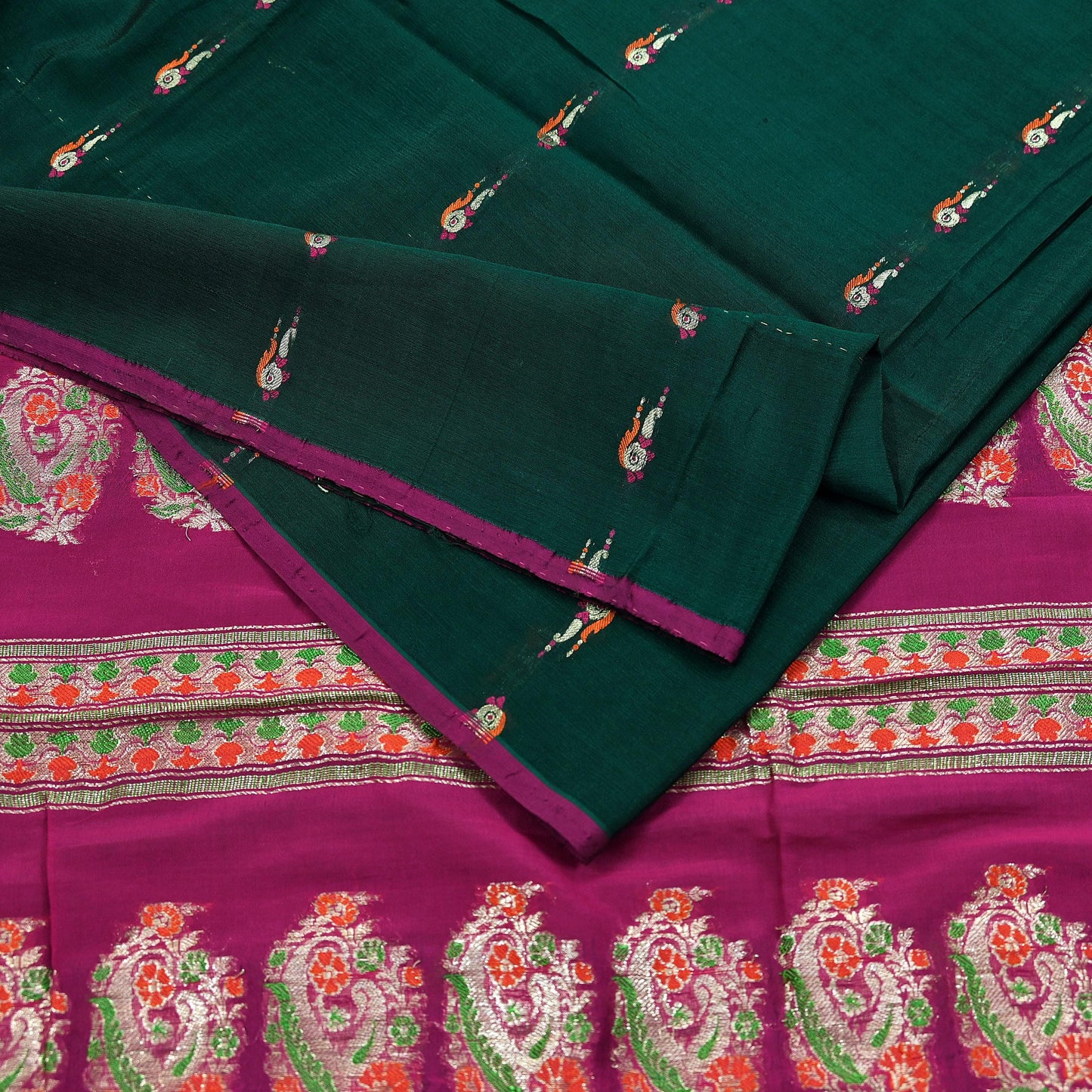 Indian Vintage Sari Green & Pink Hand Woven Sarees 100% Pure Silk Zari 5Yd Craft Fabric Sewing Dress making Quilting Crafting