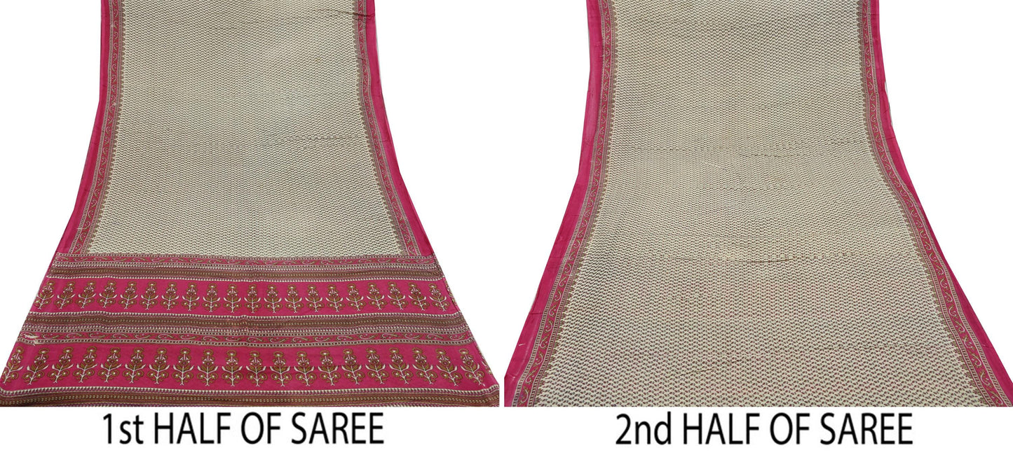 Indian Vintage Sari Ivory & Pink Printed Blend Cotton Saree Craft Fabric 5Yd Soft Sewing Sarong Wrap Boho Floral Dress making Crafting