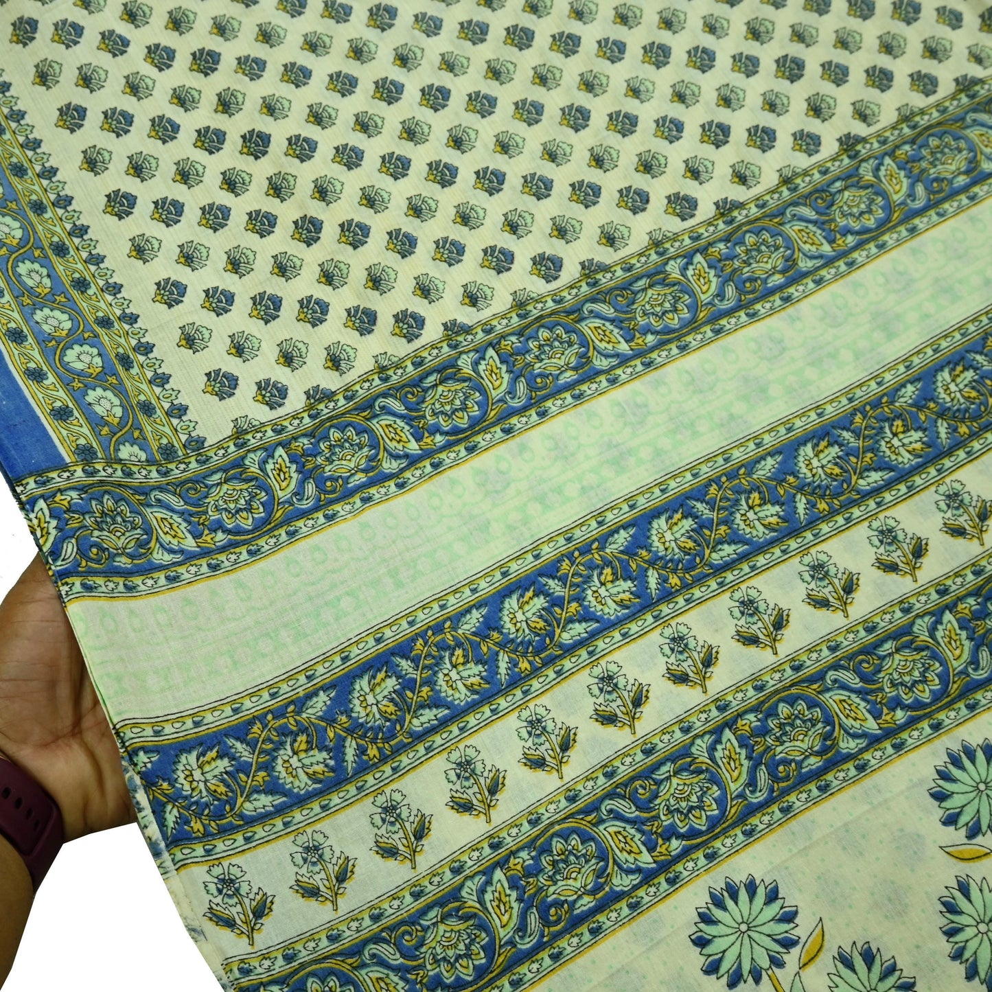 Indian Vintage Sari Ivory Block Printed Pure Cotton Sarees 5Yd Craft Fabric Soft Sewing Sarong Wrap Boho Upcycle quilting Dress making