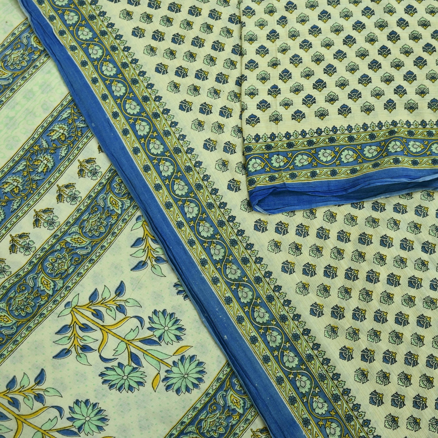 Indian Vintage Sari Ivory Block Printed Pure Cotton Sarees 5Yd Craft Fabric Soft Sewing Sarong Wrap Boho Upcycle quilting Dress making