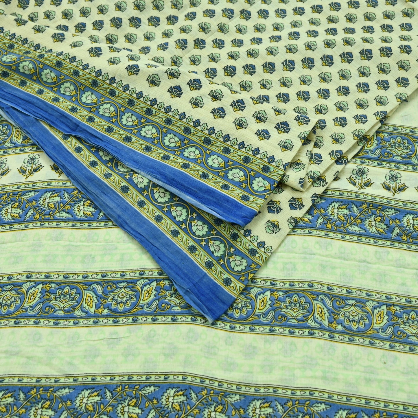 Indian Vintage Sari Ivory Block Printed Pure Cotton Sarees 5Yd Craft Fabric Soft Sewing Sarong Wrap Boho Upcycle quilting Dress making