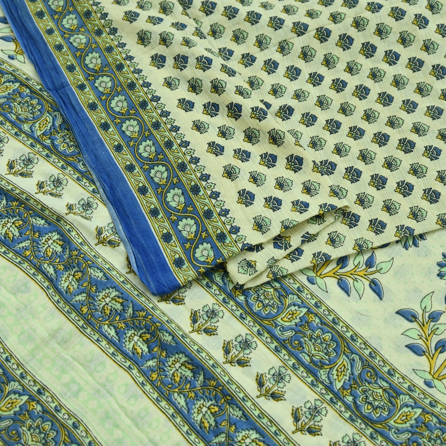 Indian Vintage Sari Ivory Block Printed Pure Cotton Sarees 5Yd Craft Fabric Soft Sewing Sarong Wrap Boho Upcycle quilting Dress making