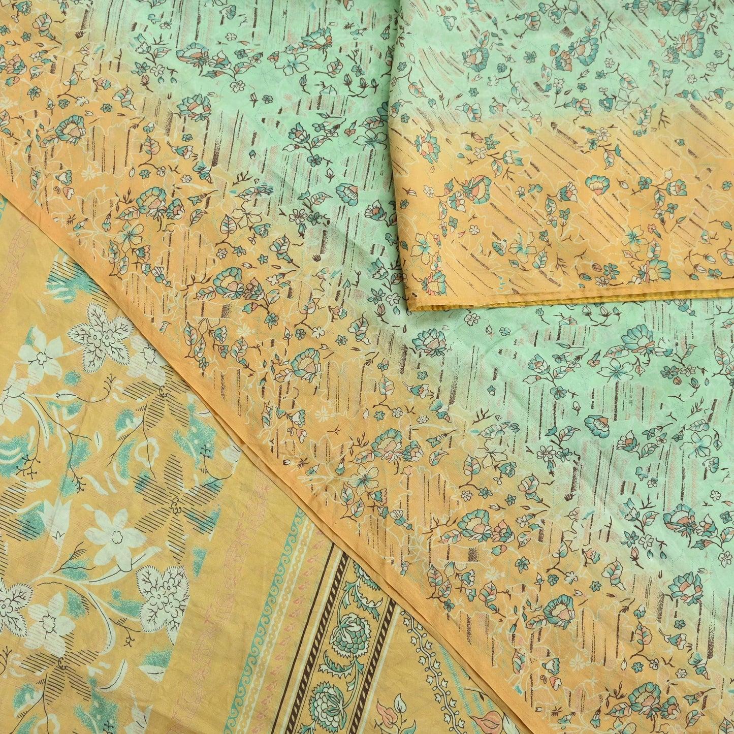 Indian Vintage Sari Green & Beige Pure Silk Printed Sarees Craft Fabric 5yd Sewing Floral Dress Making Soft Crafting Quilting Upcycle