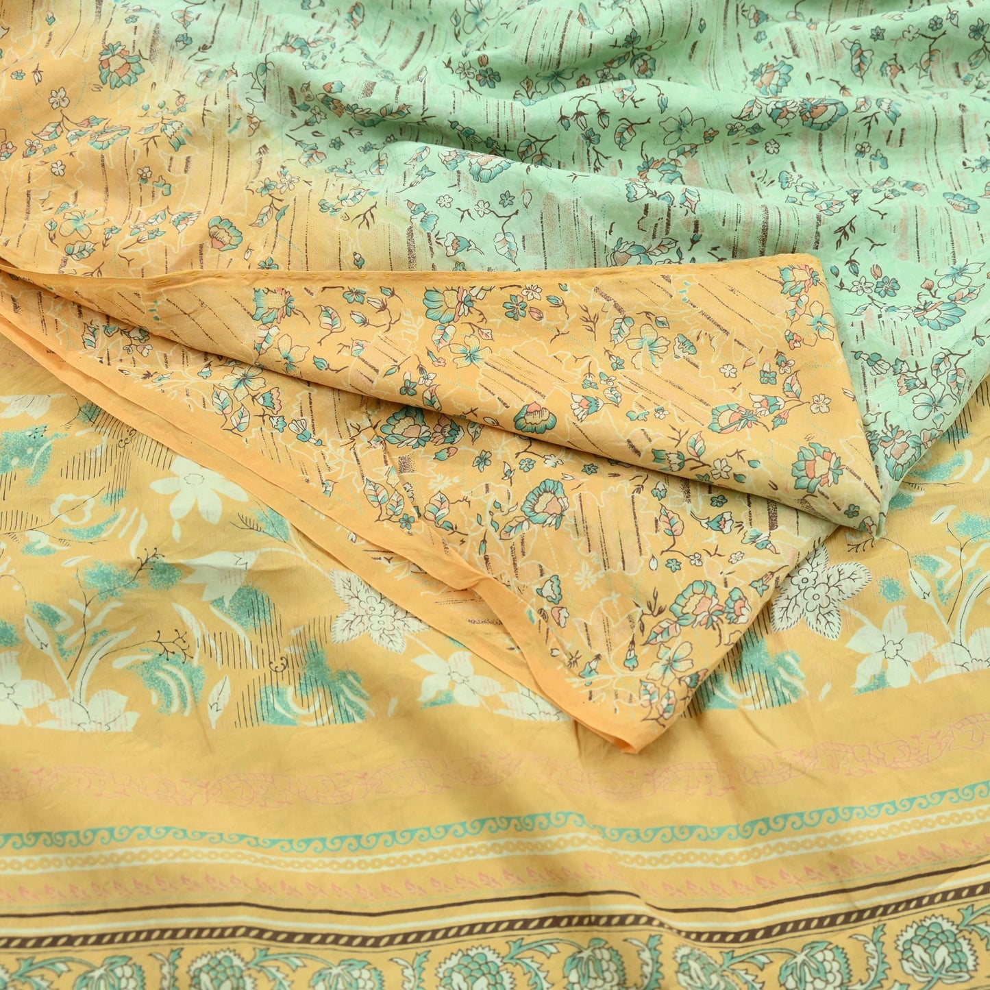 Indian Vintage Sari Green & Beige Pure Silk Printed Sarees Craft Fabric 5yd Sewing Floral Dress Making Soft Crafting Quilting Upcycle