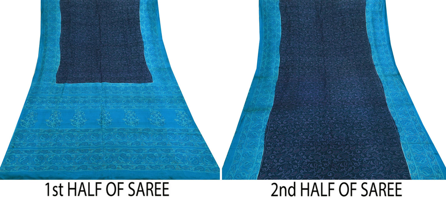 Indian Vintage Sari Blue Pure Silk Bandhani Printed Sarees Fabric 6yd Floral Sewing Traditional Culture Sari Ethnic Fabric