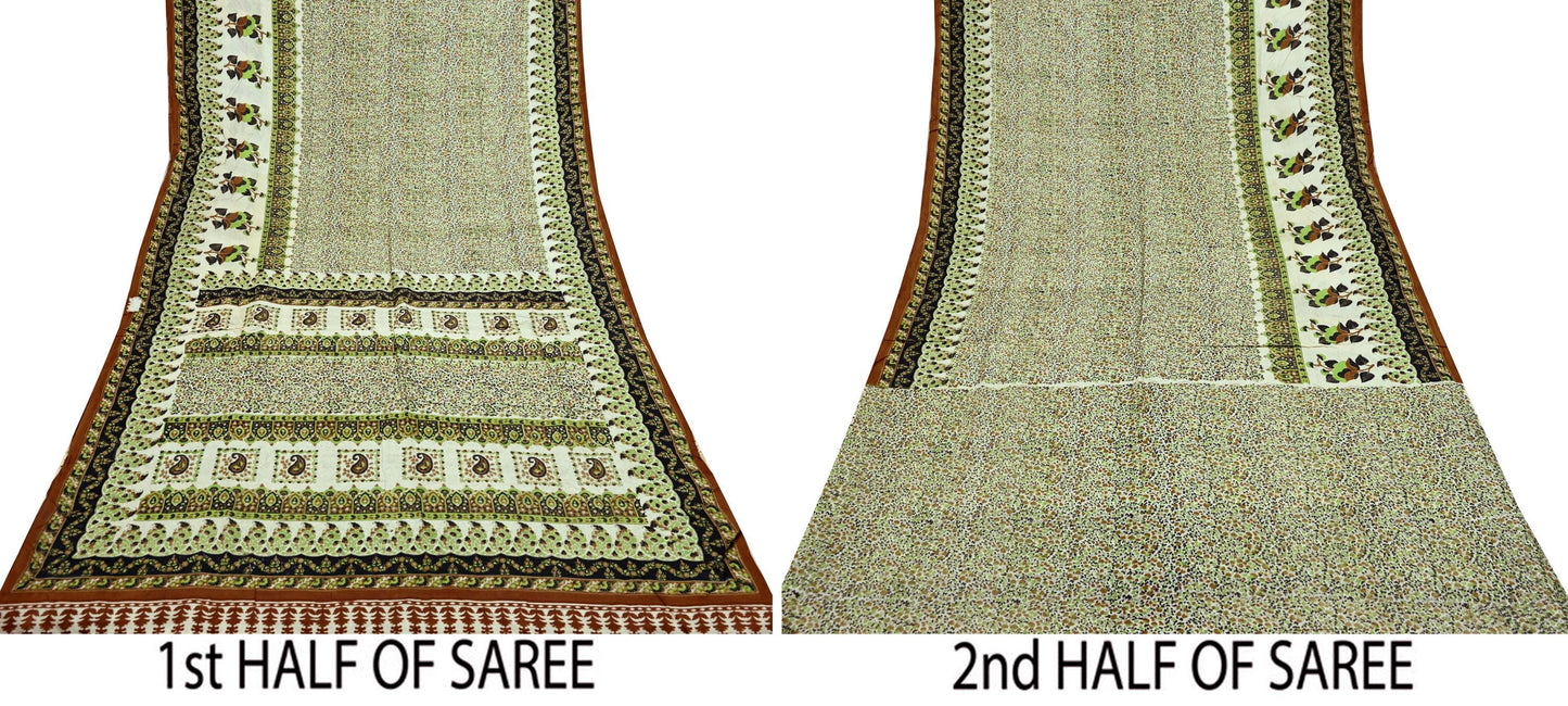 Indian Vintage Sari Ivory & Black Printed Pure Silk Sarees 6yd Sewing Craft Fabric DressMaking Soft Wrap Upcycle Quilting Crafting Used