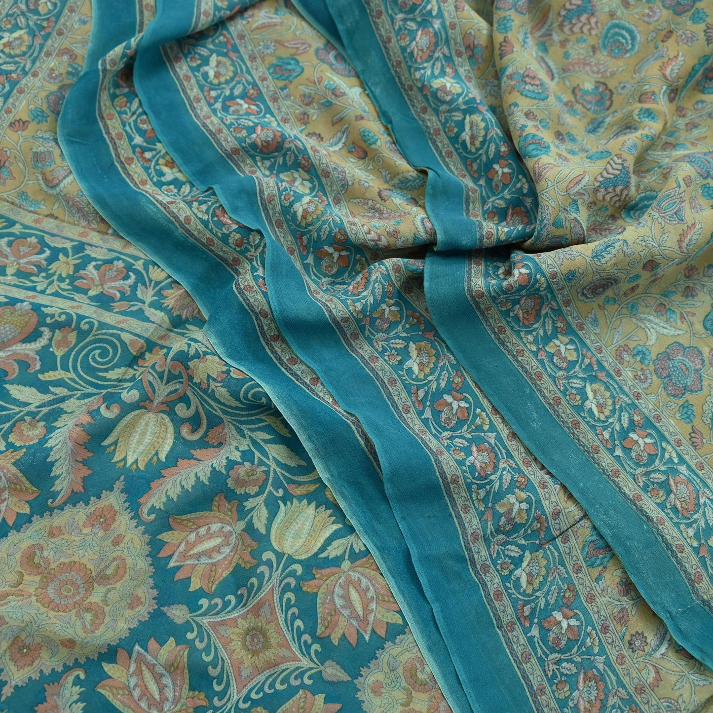 Indian Vintage Sari Beige & Blue Pure Georgette Silk Sarees Craft Fabric Sewing 5Yd Soft Light Dress Making Floral Upcycle Quilting Crafting