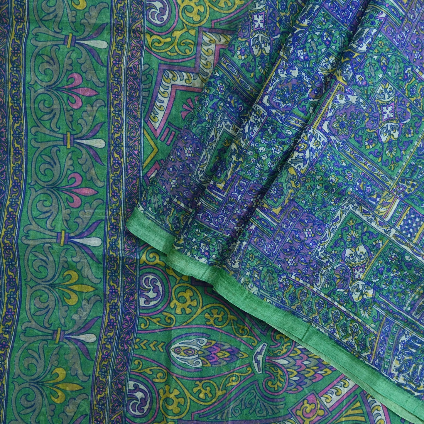 Indian Vintage Sari Green & Blue 100% Pure Silk Printed Sarees 5yd Sewing Craft Fabric Dress Making Soft Wrap Crafting Quilting Upcycle