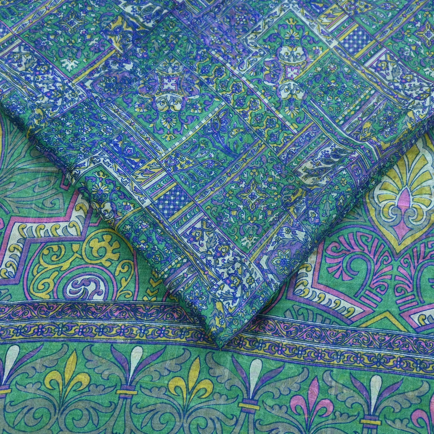 Indian Vintage Sari Green & Blue 100% Pure Silk Printed Sarees 5yd Sewing Craft Fabric Dress Making Soft Wrap Crafting Quilting Upcycle