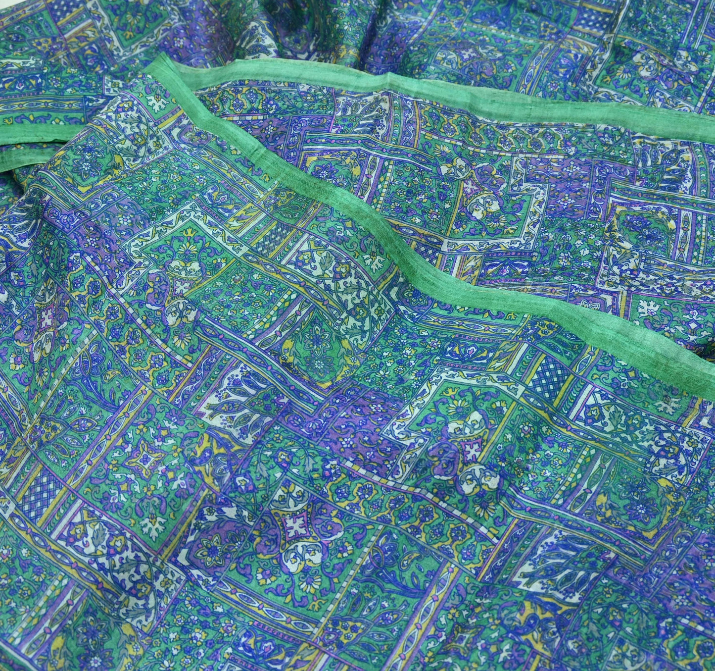 Indian Vintage Sari Green & Blue 100% Pure Silk Printed Sarees 5yd Sewing Craft Fabric Dress Making Soft Wrap Crafting Quilting Upcycle