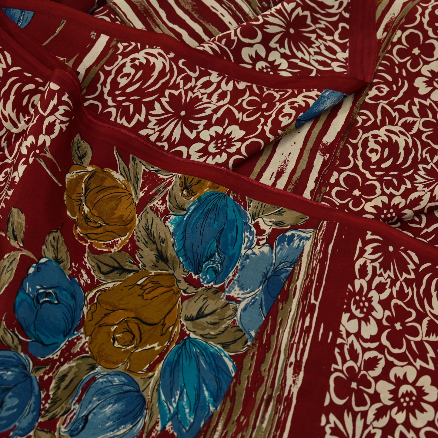 Indian Vintage Sari Maroon Pure Crepe Silk Printed Saree 5yd Sewing Floral Soft Craft Fabric Ethnic Wrap Dress making Crafting Quilting