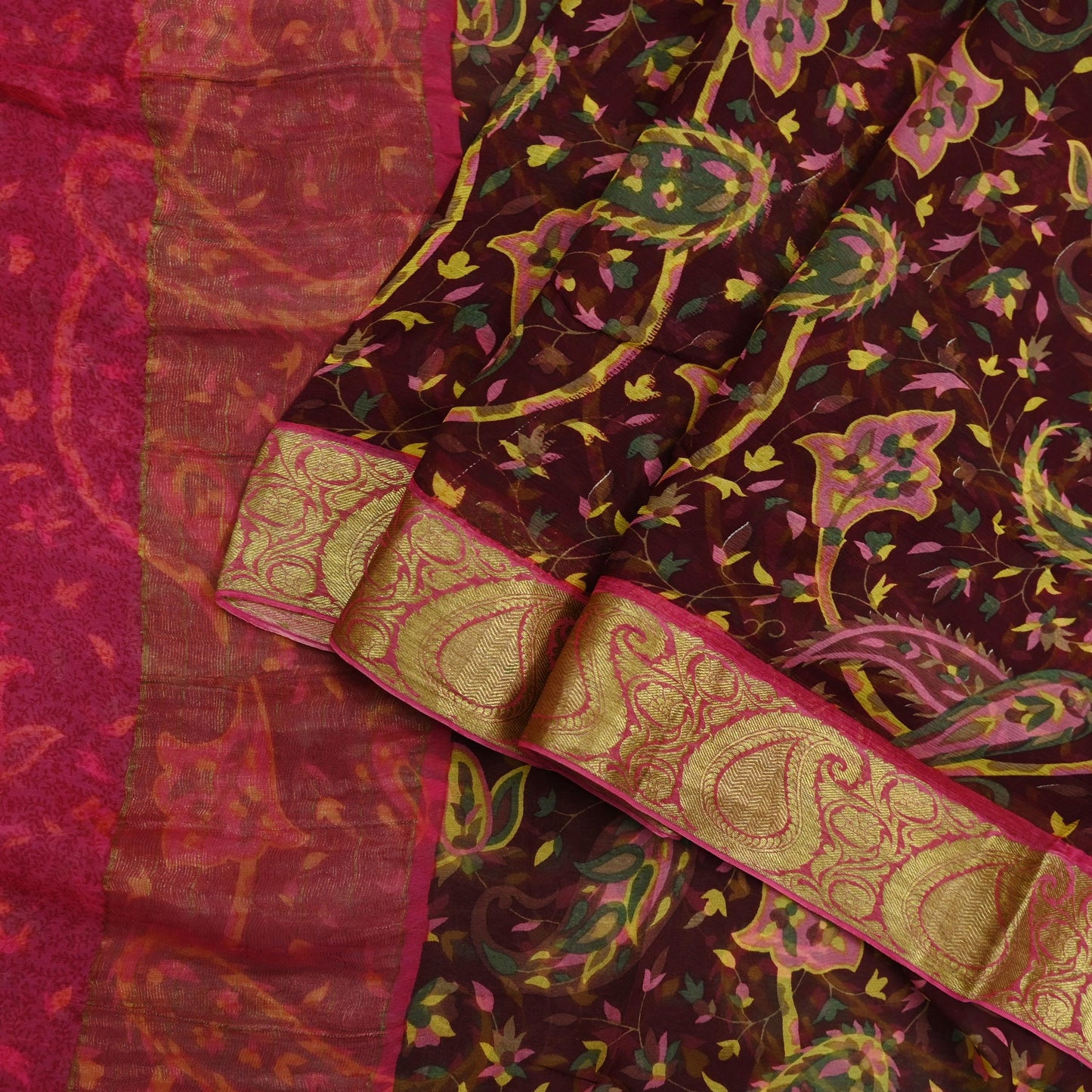 Women Vintage Sari Pink & Maroon Pure Chiffon Silk Printed Sarees Craft Fabric Sewing 6Yd Soft Light Sari Dress Making