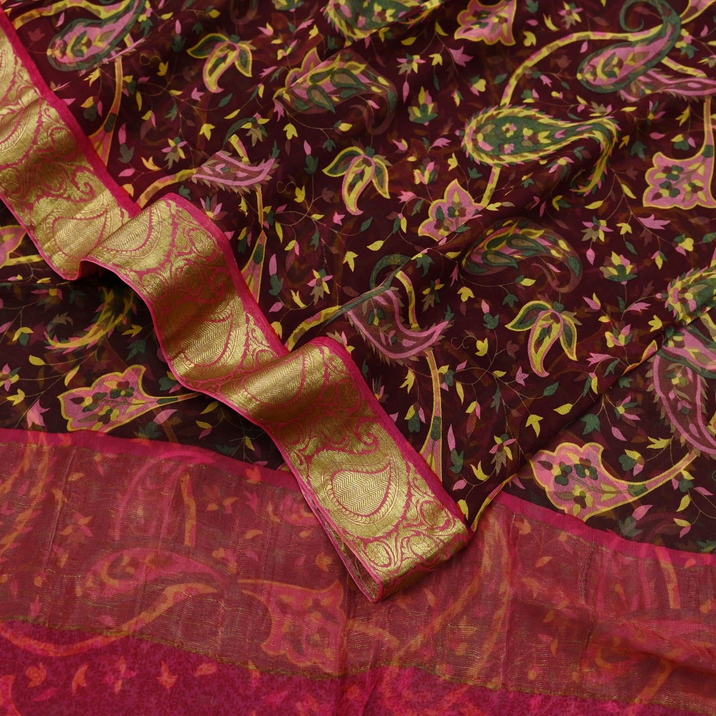 Women Vintage Sari Pink & Maroon Pure Chiffon Silk Printed Sarees Craft Fabric Sewing 6Yd Soft Light Sari Dress Making