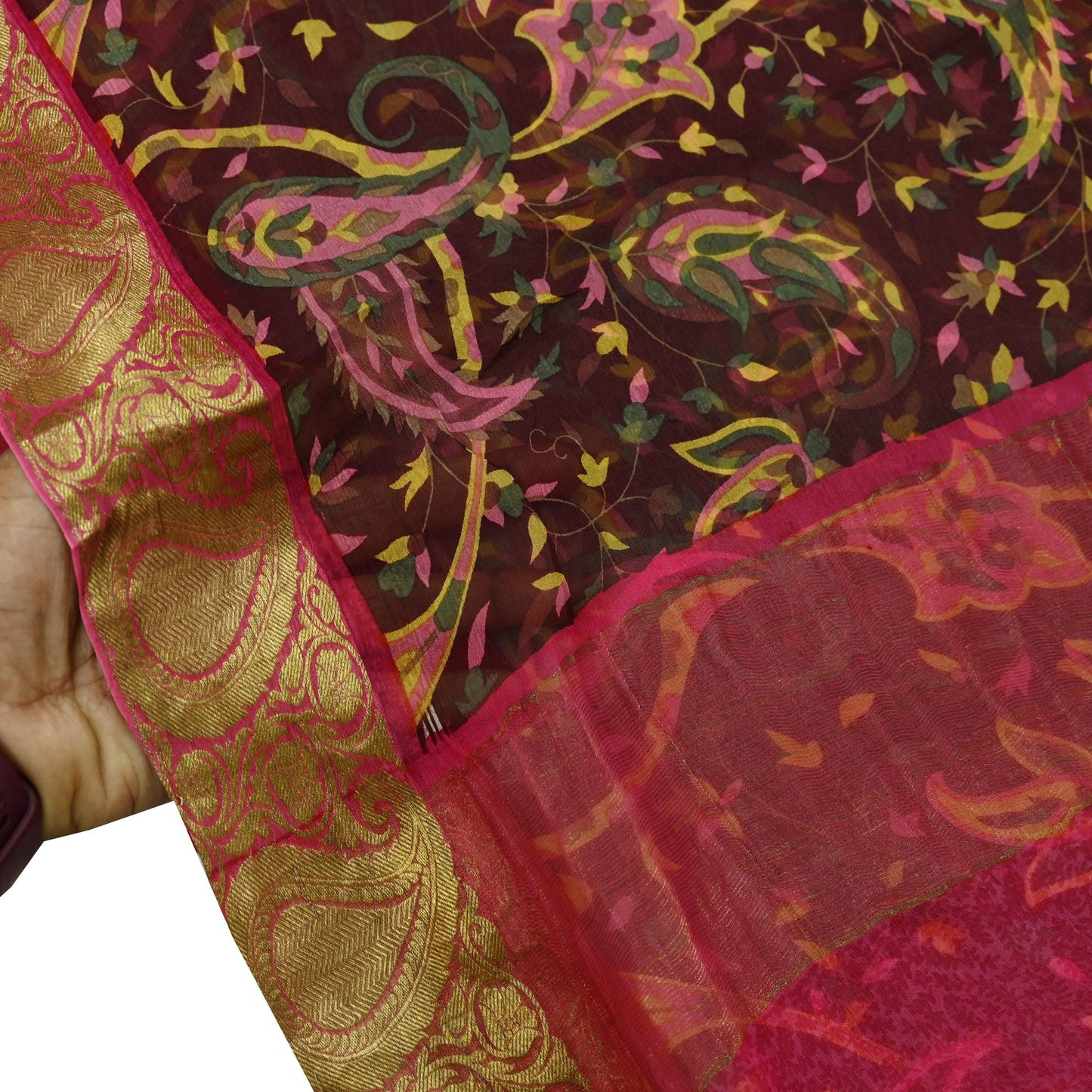 Women Vintage Sari Pink & Maroon Pure Chiffon Silk Printed Sarees Craft Fabric Sewing 6Yd Soft Light Sari Dress Making