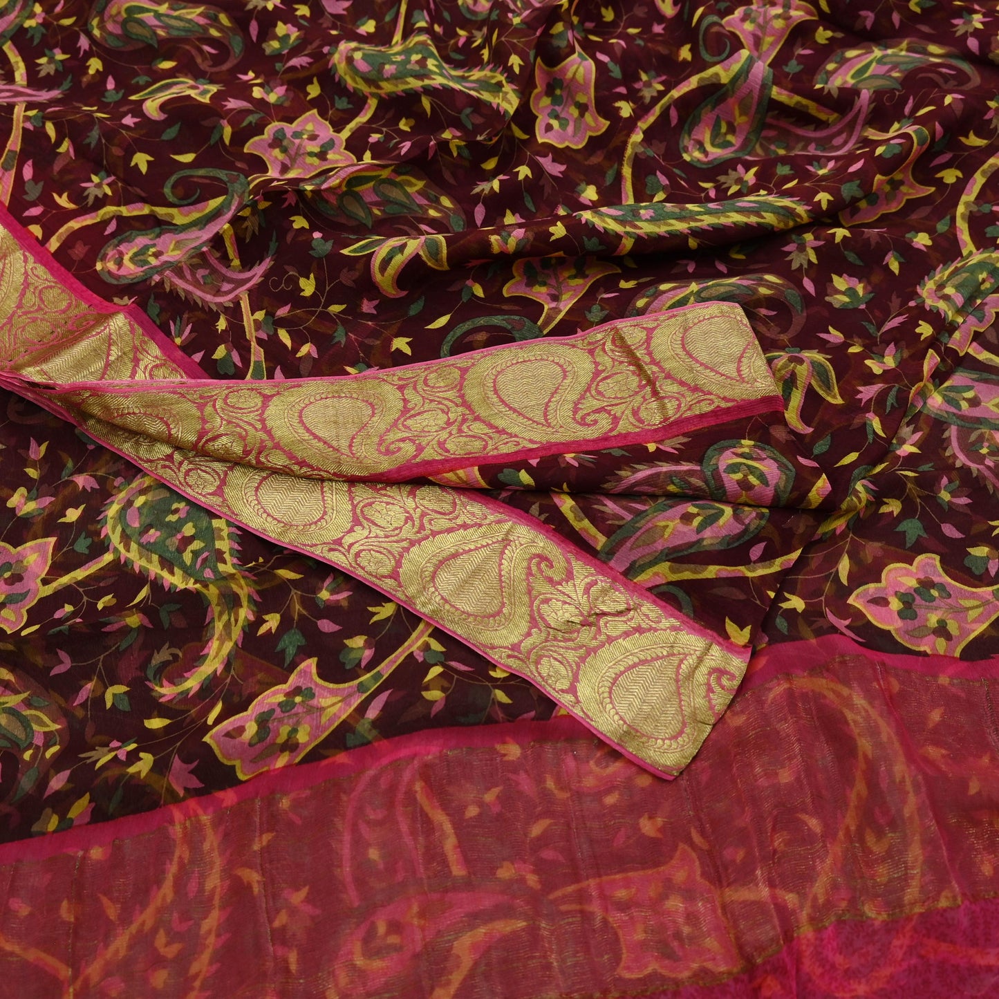 Women Vintage Sari Pink & Maroon Pure Chiffon Silk Printed Sarees Craft Fabric Sewing 6Yd Soft Light Sari Dress Making