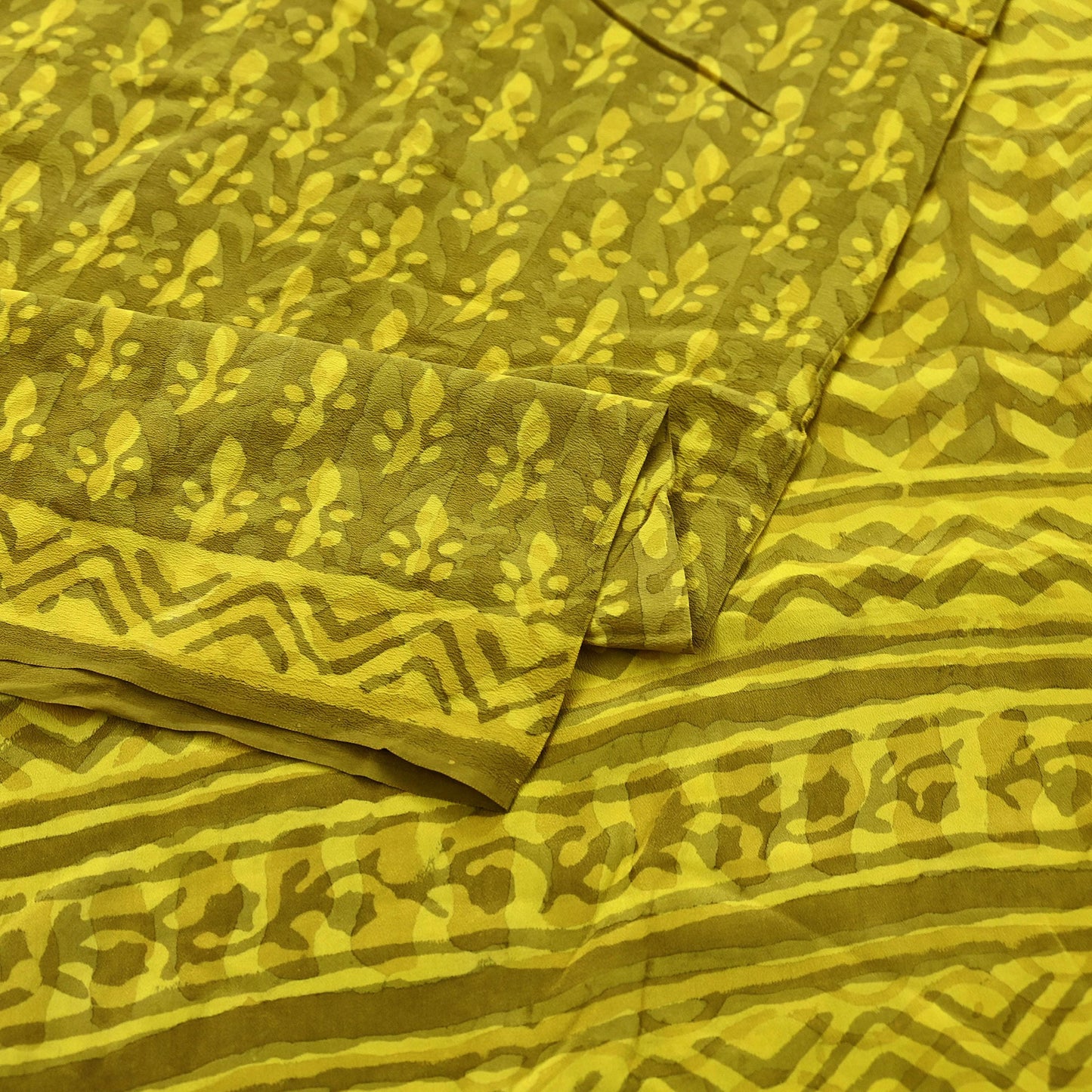 Indian Vintage Sari Yellow & Green Pure Crepe Silk Printed Sarees 5yd Sewing Floral Soft Craft Fabric Wrap Dress making Crafting Quilting