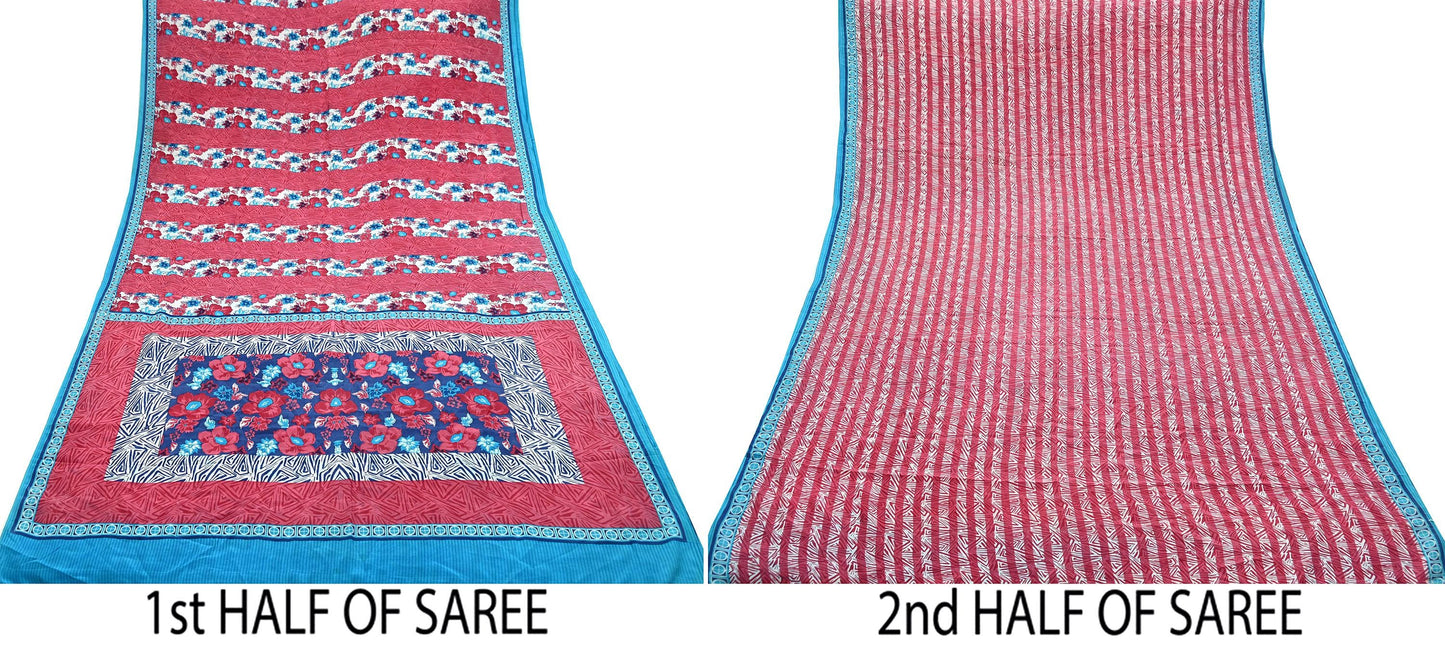 Indian Vintage Sari Blue & Pink Pure Crepe Silk Printed Saree 5yard Sewing Floral Soft Craft Fabric Wrap Dress making Crafting Quilting