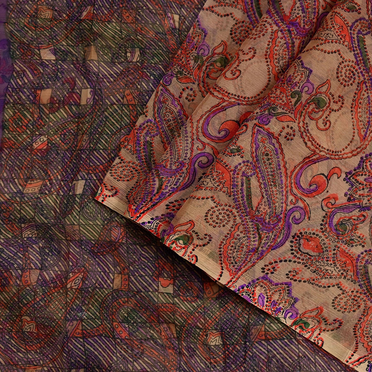 Women Vintage Sari Beige & Purple Pure Chiffon Silk Printed Saree Craft Fabric Sewing 6Yd Soft Light Sari Dress Making Floral