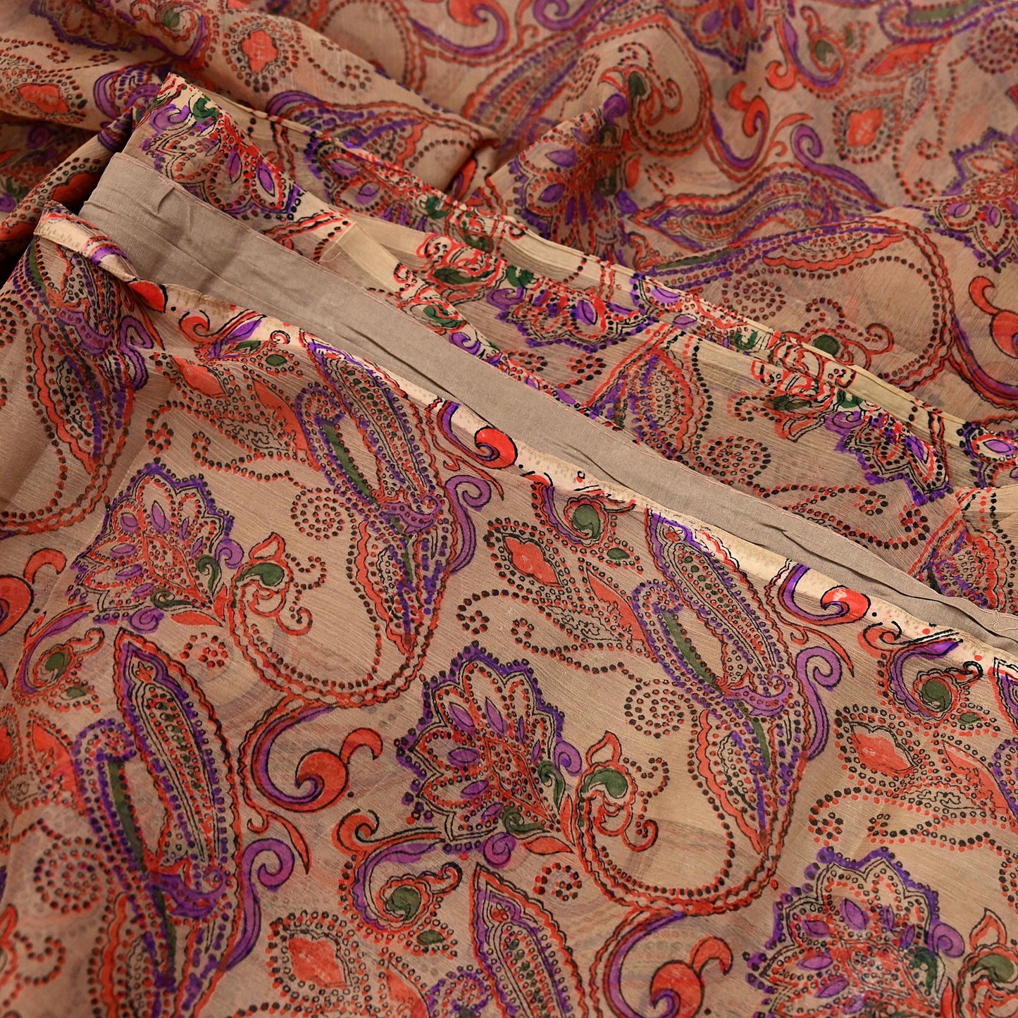 Women Vintage Sari Beige & Purple Pure Chiffon Silk Printed Saree Craft Fabric Sewing 6Yd Soft Light Sari Dress Making Floral